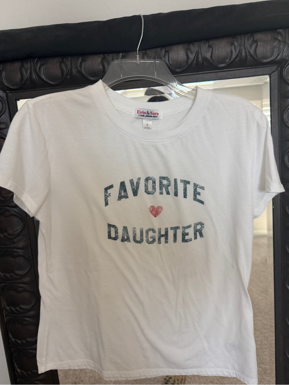 Favorite Daughter shirt  White Tee with blue Text and red Heart
